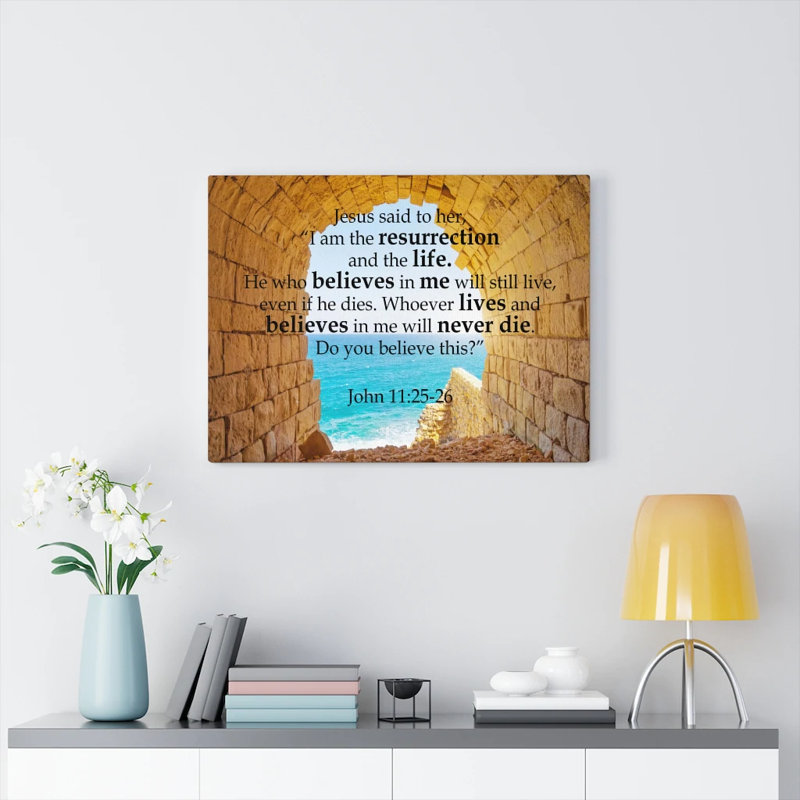 «I Am the Resurgion», art textuel sur toile tendue, H 12 po x l 16 po x P 1,25 po