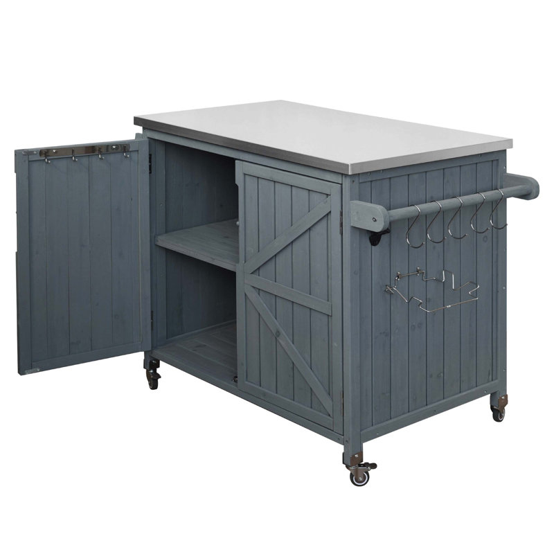 42.1'' Grey Blue Outdoor Kitchen Island With Side Shelf, Grill Cart With Storage Cabinet, Stainless Steel Top, Adjustable Shelf & 4 Wheels For Pizza Prep