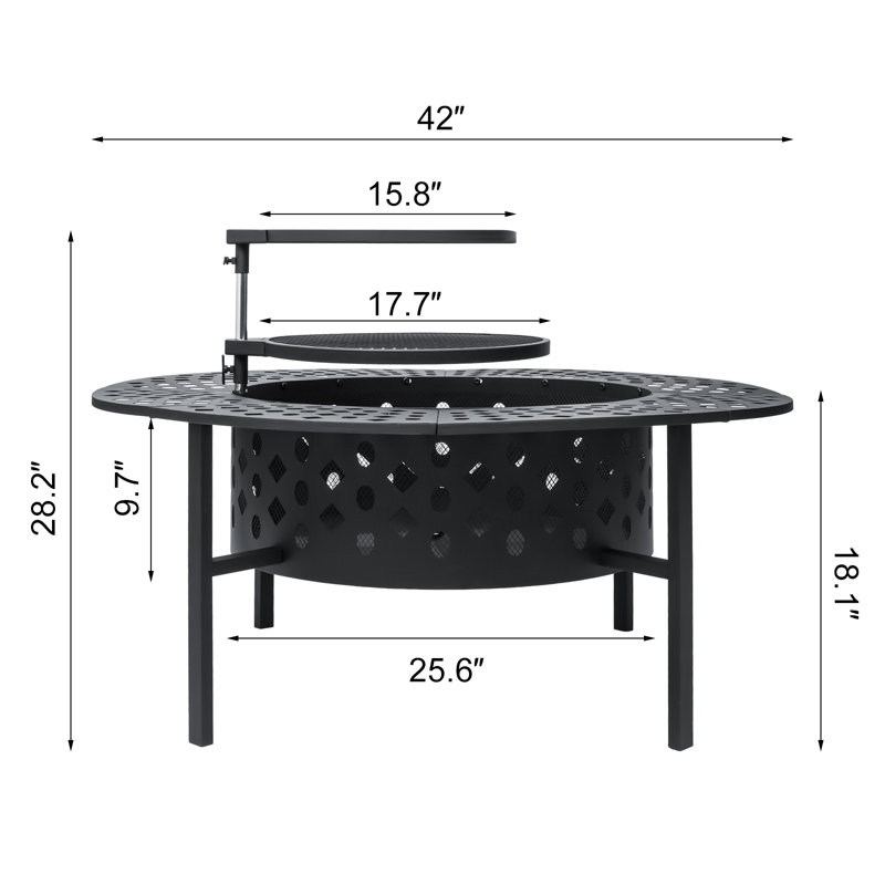 Outdoor Fire Pit Table With Grill & Side Shelf - 3-in-1 Fire Pit For W.armth, Bbq & Dining - Heavy-duty Metal Fire Pit For Patio, Backyard, Garden Gatherings