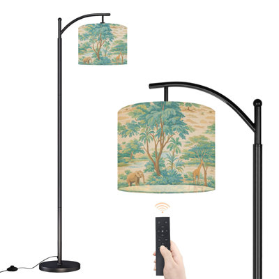 Arc Floor Lamp with Adjustable Lampshade Vintage Jungle Elephants Giraffes Soft Standing Lamp 3 Color Temperatures Dimmable Tall Pole Lamp with Foot Switch for Bedroom