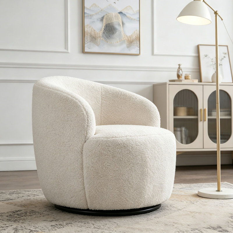 Fauteuil demi-tonneau pivotant avec anneau en métal thermolaqué noir, Peluche blanc ivoire