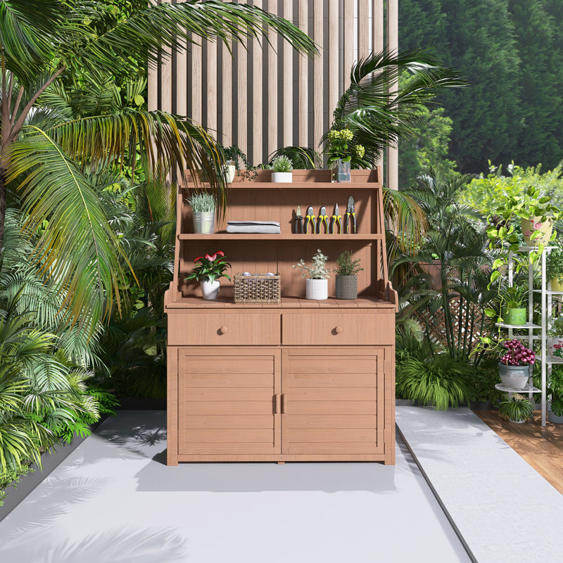 Banc de jardin en pot de 65 po de hauteur, avec tablette de rangement, tiroir et armoire, 2 dispositifs anti-chute, facile à installer
