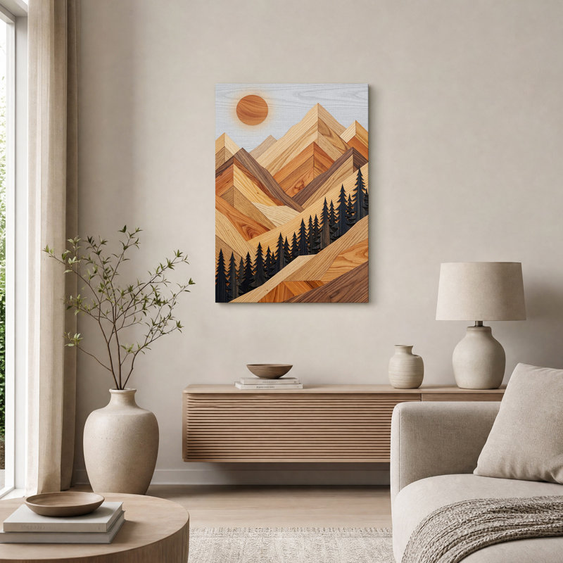 Tableau sur toile représentant un paysage géométrique de montagne en bois avec des pins, H 48 po x l 36 po