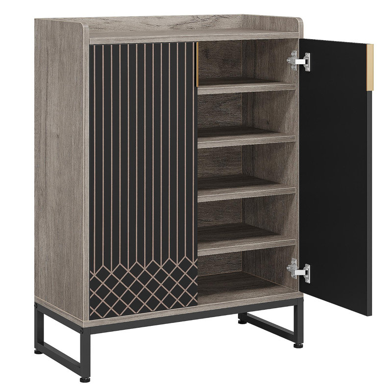 29.52” Grey & Black Shoe Cabinet With Doors, 5 Tiers Shoe Storage Organizer, Gray/Black