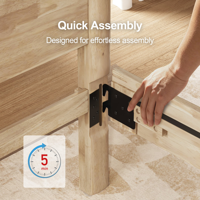 Solid Wood Platform Bed with Tall Headboard, Tool-Free Assembly, Maple (Queen)