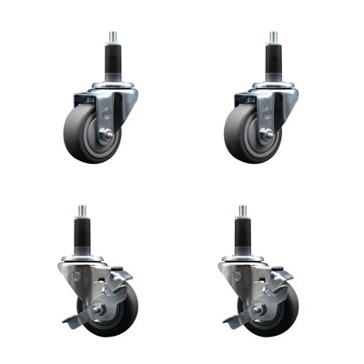 3 Inch Thermoplastic Rubber Wheel Swivel 1-1/8 Inch Expanding Stem Caster Set 2 Brakes SCC