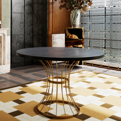 Table de salle à manger ronde en placage de chêne noir de 42 po avec aspect en bois massif et piédestal en fer doré, parfait pour un petit appartement industriel moderne et rustique