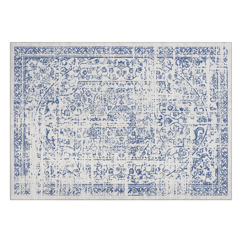 9x12 Washable Area Rugs for Living Room Vintage Distressed Carpet Stain Resistant Non-Slip Pet Child Friendly Retro Floral Accent Throw Rug for Office Bedroom Nursery, Blue