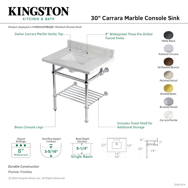 Kingston Brass Templeton 30-Inch Carrara Marble Console Sink with Brass Legs and Shelf (8-Inch, 3-Hole)
