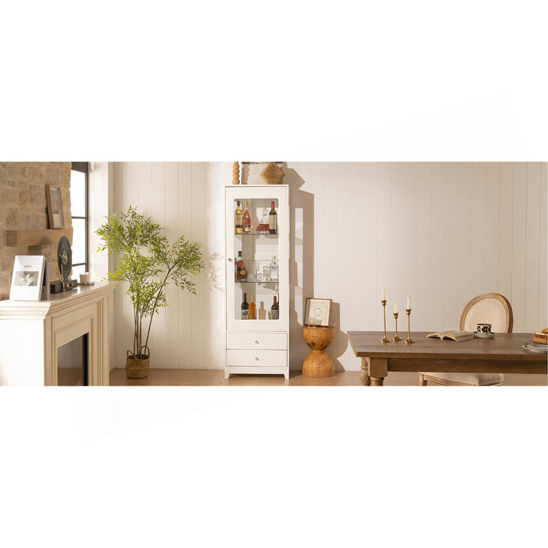 71'' Freestanding Upholstered Display Cabinet, Upholstered Glass Door Cabinet With Ceiling Light,Wine Cabinet With Adjustable Shelves, For Livingroom, Kitchen, Bar & Dining Room - White