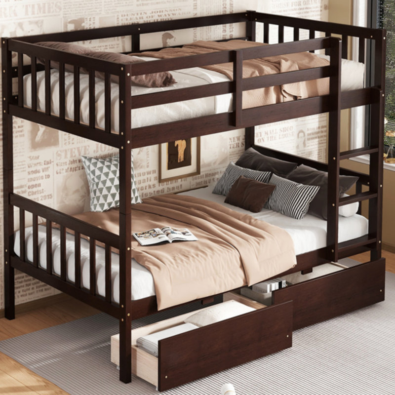 Lit superposé simple au-dessus de simple en bois d'hévéa avec 2 tiroirs, convertible en 2 lits simples, échelle et barrières de sécurité, espresso