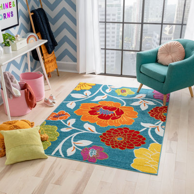 Skadi Blue Kids Floral Playroom Rug