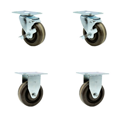SCC 4” x 1.5" High Temp Phenolic Wheel Caster Set 4 - 2 Swivel w/Brakes/2 Rigid