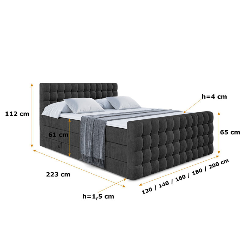 Brandalucci Divan Bed with Mattress, Black, 140 x 200 cm