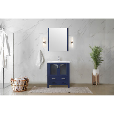 30 po W Aménagement de meuble-lavabo bleu marine avec couche supérieure en céramique blanche, miroir séduisant de 28 po, conception de tiroir à fermeture douce et baignoire de rangement généreuse de 18,25 po, plateau, fermeture, tiroirs d'armoire, grattoir