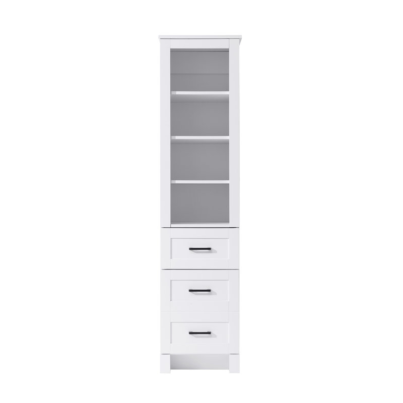 16 Inch Bath Storage Glass Cabinet  in White, 65" H x 16" W x 65" D, White