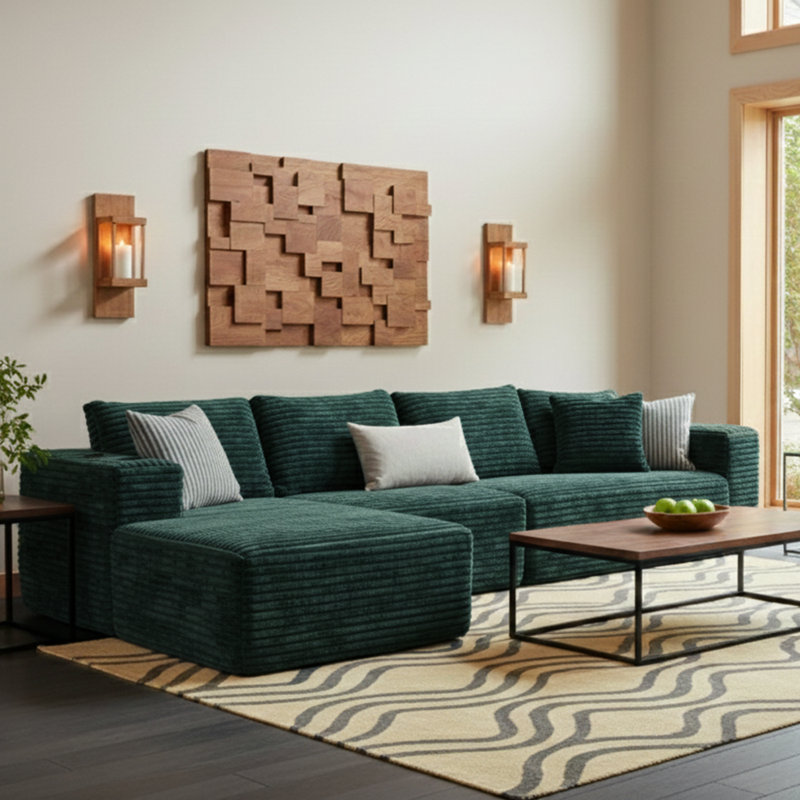 Canapé modulaire en velours côtelé de 106 po avec canapé convertible moderne en L et méridienne, Vert