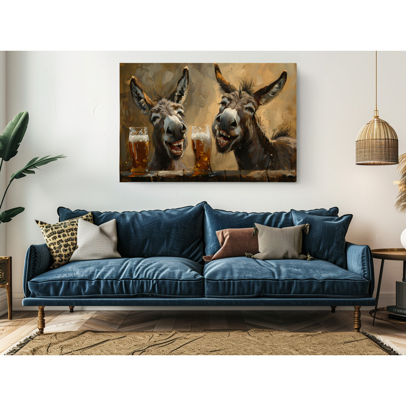 «Two Donkeys with Beer», impression d'art mural moderne pour la maison et le bureau, H 20 po x l 30 po