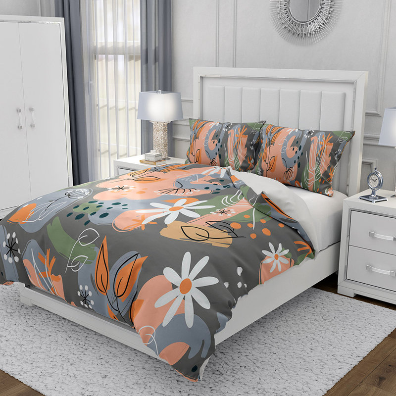  Ensemble de housse de couette en microfibre gris et pêche 3 pièces, Queen Duvet Cover + 2 King Shams