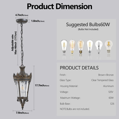 18" H Antique Crown Outdoor Pendant Light, Farmhouse Exterior Hanging Lantern