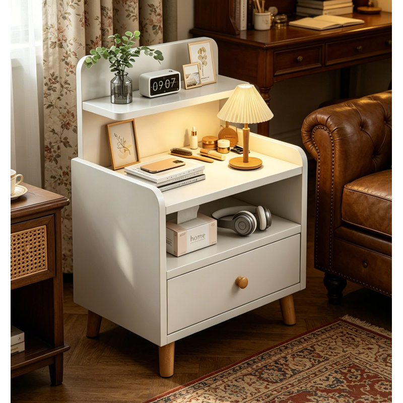 Table de chevet compacte et moderne blanche, 15 × 13 × 27 pouces, table de chevet à plusieurs niveaux avec tiroir et étagères de rangement ouvertes, table d'appoint peu encombrante pour les petites chambres