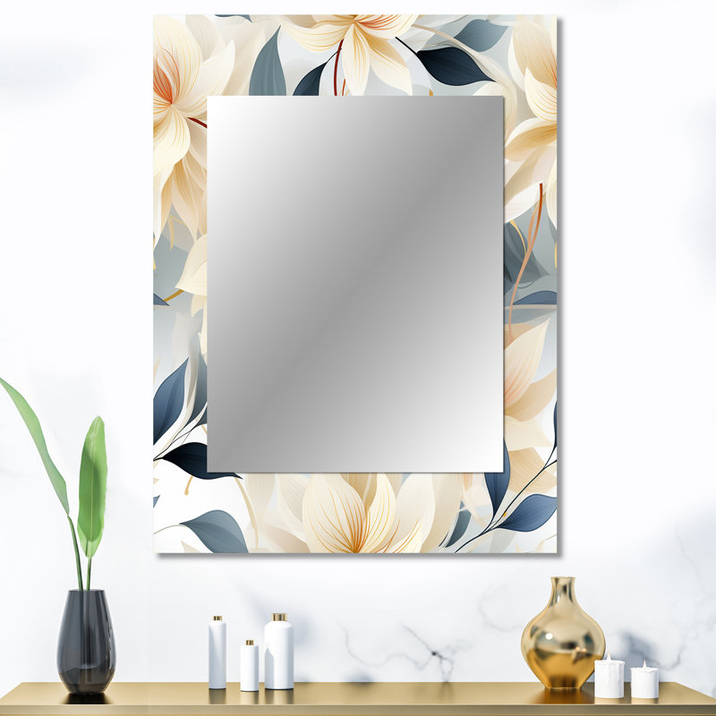 Kimble Elegant Ivory Floral Pattern - Floral Decorative Mirror, Floral Wall Mirror, Printed Metal Art, 40" x 30"