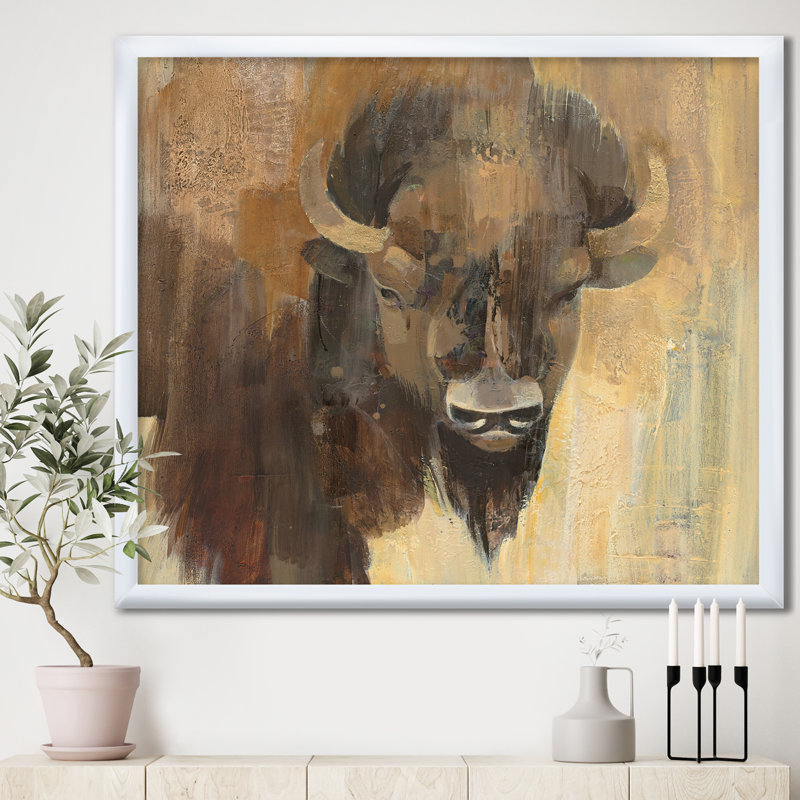 " Into The Wild Gold Buffalo ", 16" H x 16" W x 1" D, White Framed
