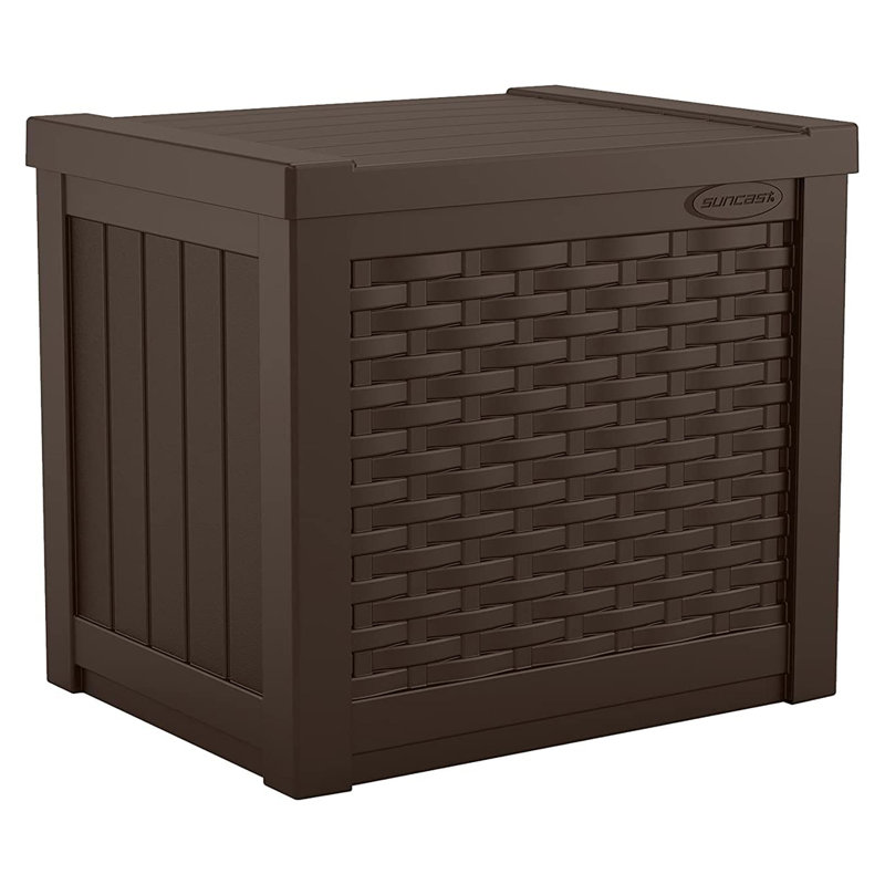 Suncast Wicker 22 Gallon Water Resistant Resin Deck Box in Java