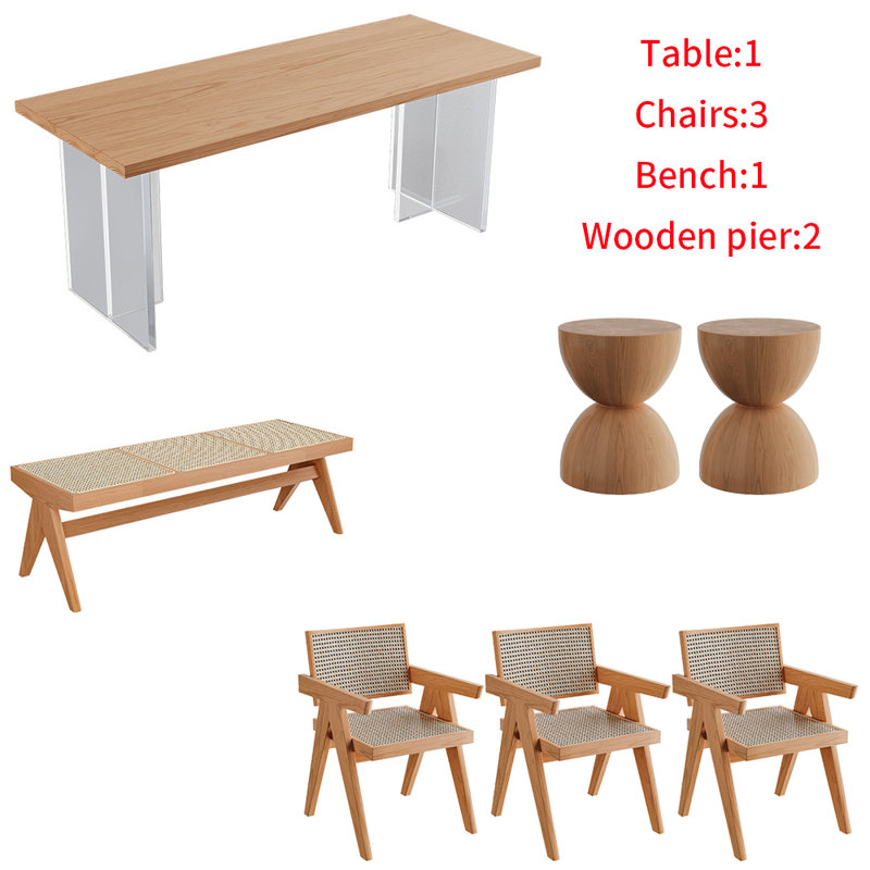 Modern solid wood acrylic dining table set, 29.5"H x 78.7"L x 31.4"W