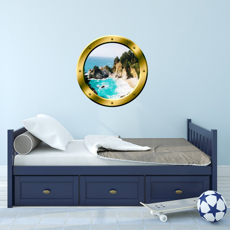 Adhésif décoratif hublot 3d beach view, H 14 po x l 14 po x P 0,01 po, Jaune / Bleu