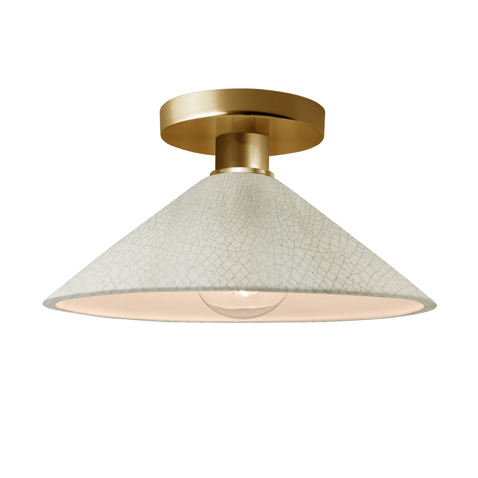 Single Light Ceramic Semi Flush Mount, White Crackle, Polished Brass, LED (Integrated)
