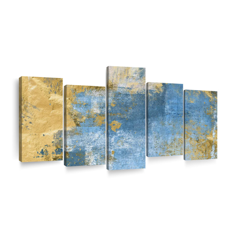 Abstrait abstrait doré et bleu, ensemble de 5 reproductions sur toile par Alexander B, H 40 po x l 80 po x P 1,25 po