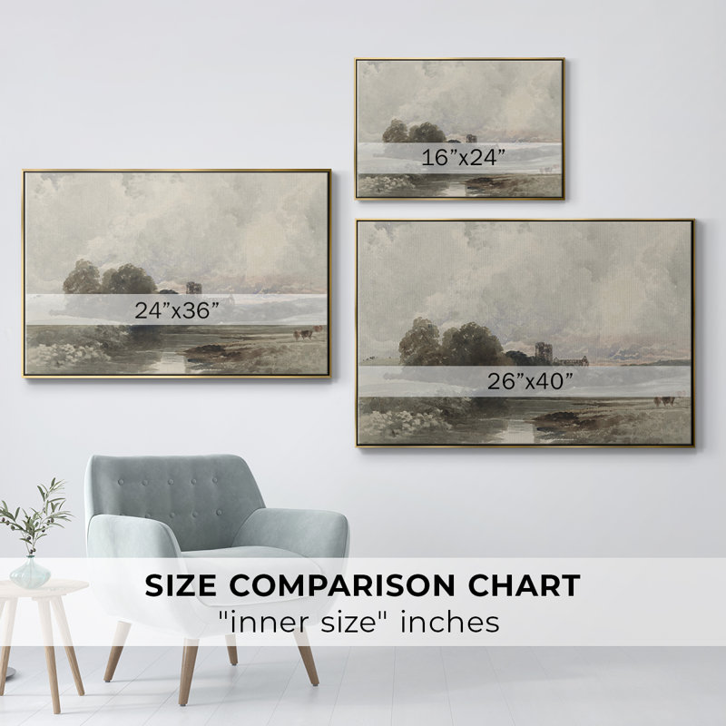 Paysage rétro - XXXIX, Toile avec cadre flottant or, H 27 po x l 41 po x P 2 po