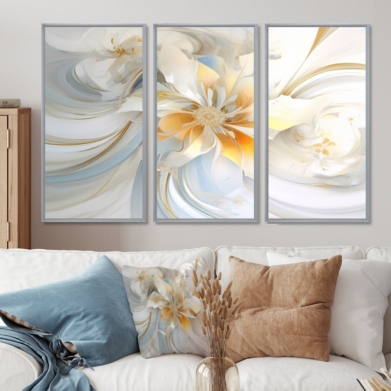 Ensemble de salon blanc avec fleurs blanches abstraites et pureté sereine, Encadrement argenté, H 40 po x l 60 po x P 1 po