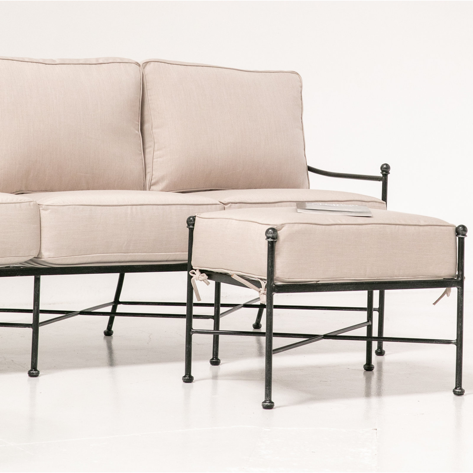 Lucier Upholstered Outdoor Ottoman with Cushion, Canvas Flax
