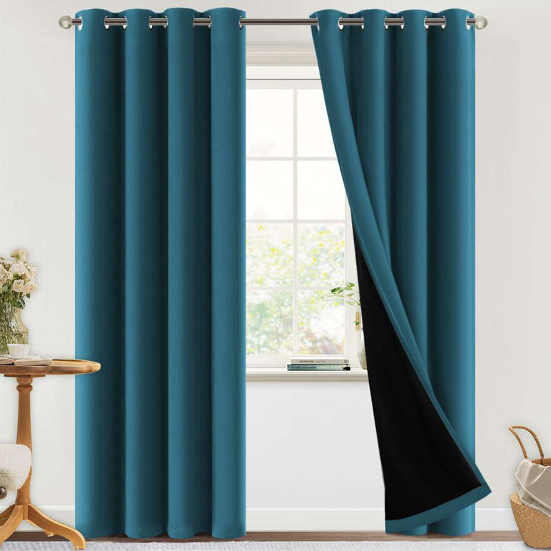 Eliott Solid 100% Blackout Thermal Insulated Grommet Curtain Panels Heat and Full Light Blocking Curtains for Living Room with Black Liner 2 Panels Set