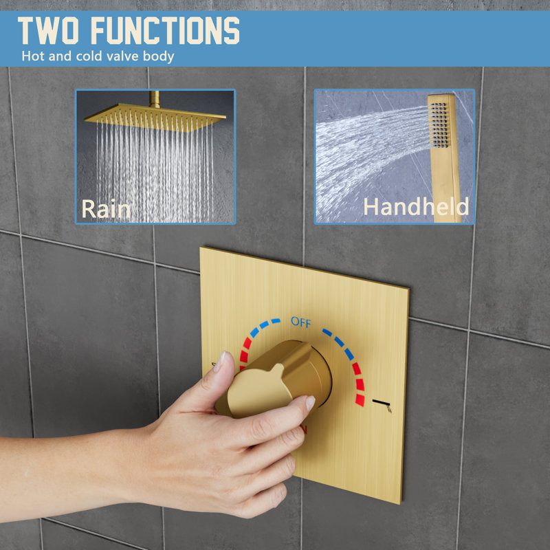 Modern Rainfall Shower System, Ceiling Rain Shower Head with Handheld Spray, Shower Faucet Set, Brushed Gold