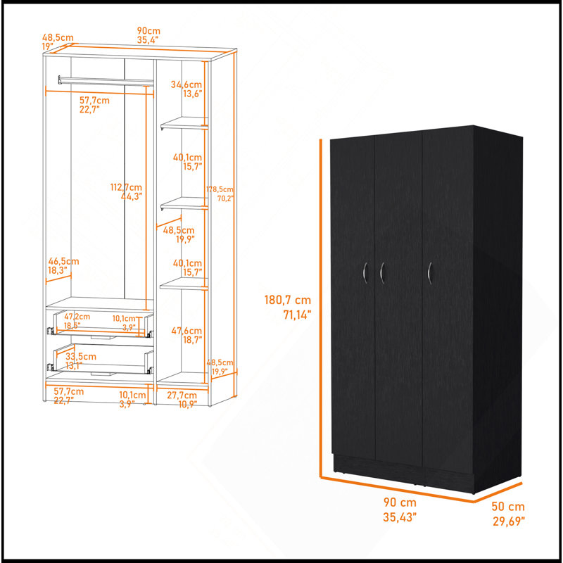 Armoire Casper avec 2 tiroirs, tringle suspendue et 3 portes, Noir
