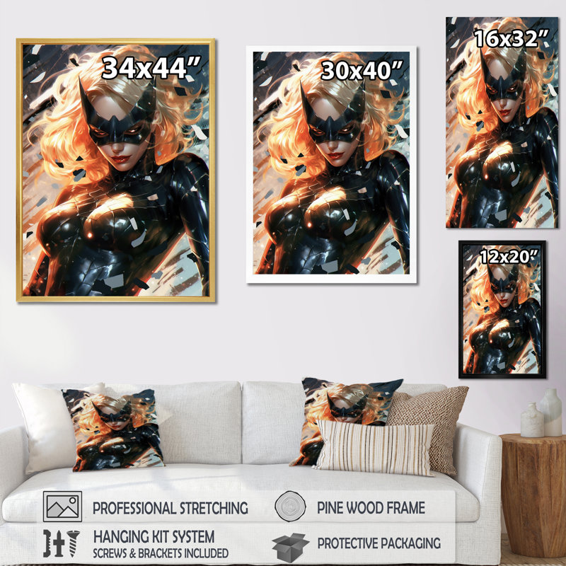 Portrait de femme super-héros sur toile, Cadre flottant noir, H 20 po x l 12 po x P 1 po