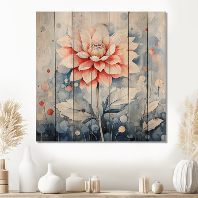 «Bloom of Dahlias Wisdom In Winter I», impression de bois de dahlia rose sur bois de pin naturel