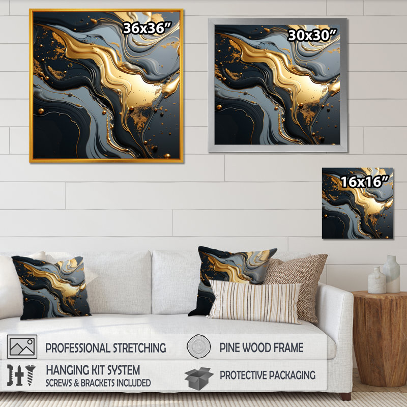 Or et gris Volcano Fusion I - décoration murale en marbre, Cadre flottant noir, H 36 po x l 36 po x P 1,5 po