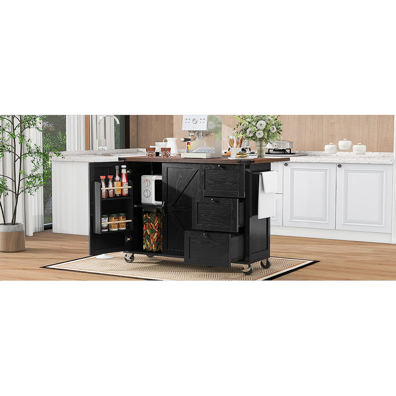 Kitchen Island With Power Outlet, Kitchen Storage Island  With Internal Storage Rack, Drop Leaf, Black