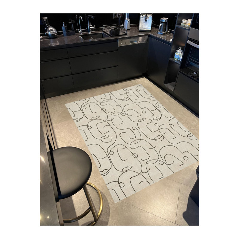 Tapis noir tissé à motif de figurine minimaliste beige, Tapis de couloir 3 pi 3,37 po x 9 pi 10,11 po