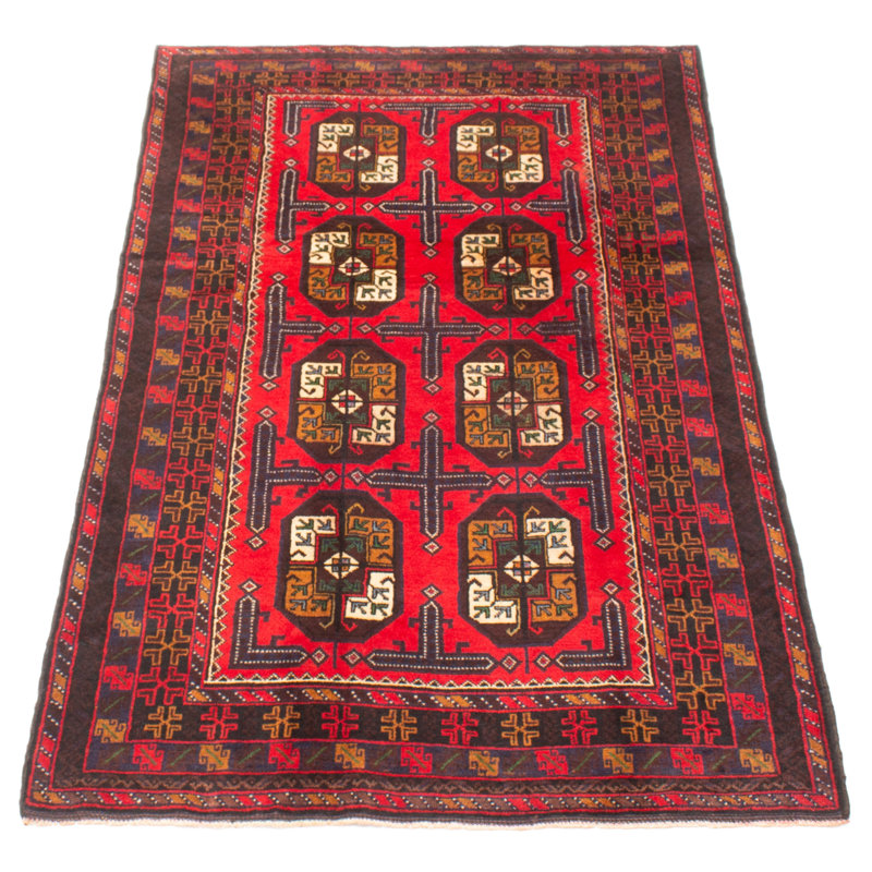 Tapis rouge en laine noué à la main de conception unique 3 pi 8 po x 7 pi 0 po Teimani