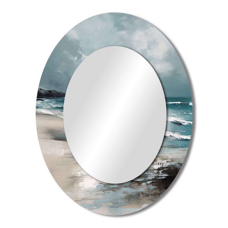Coastal Waves III - Gray Coastal Oval Wall Mirror, 43" x 33"