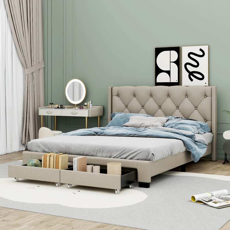 Lit plateforme tapissier Blasford, Beige