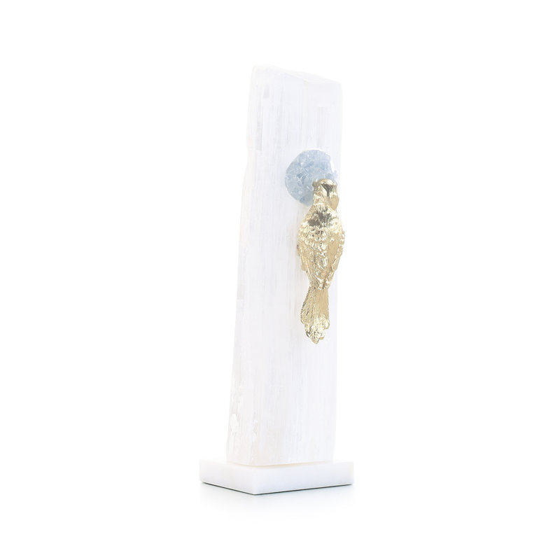 Sculpture d'oiseau en laiton sur un perchoir sélénite I