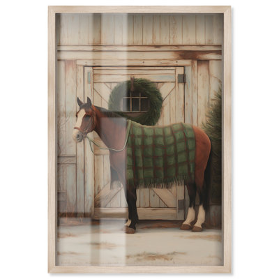 Décoration de Noël Winter Barn Horse Shadowbox par Art Remedy, cadre blond, 21 x 31