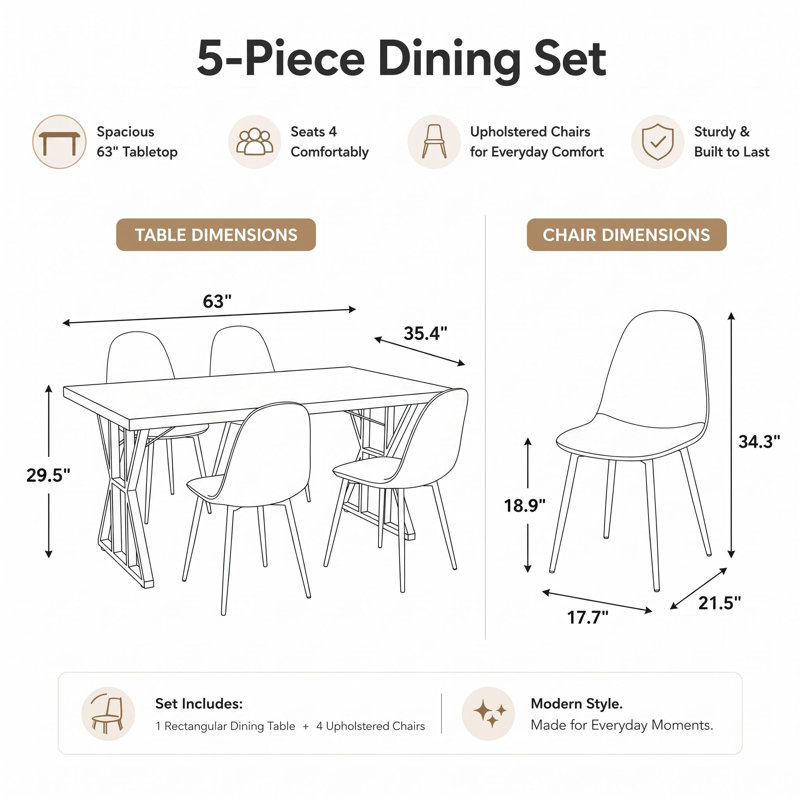 5-Piece Industrial Dining Table Set With Upholstered Dining Chairs, Rectangular Wood-Look Table And Metal Base, Brown