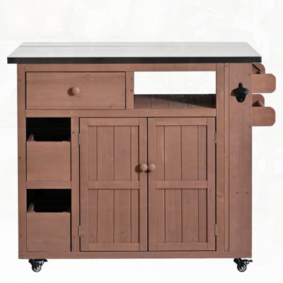 Outdoor Solid Wood Extendable Kitchen Island with Stainless Steel Top Grill Table